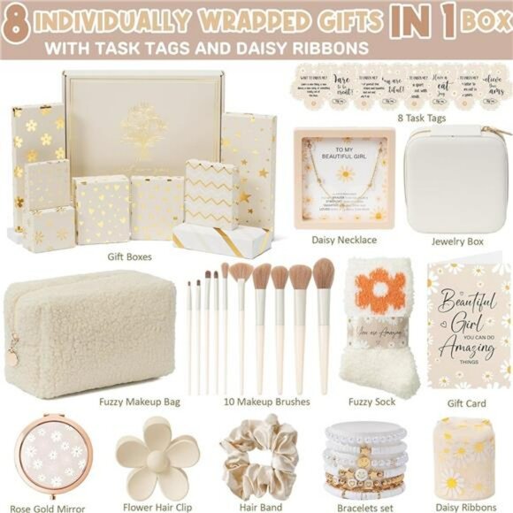 Teen Girl Gift Set Makeup Brushes Bag Jewelry Mirror Hair Clips Socks Box - Picture 2 of 8